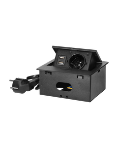 Gniazdo meblowe wpuszczane w blat z płaskim frezowanym rantem 1x2P+Z, 2xUSB (typ A, 2,1A) i przewodem 1,5 m Czarne OR-GM...